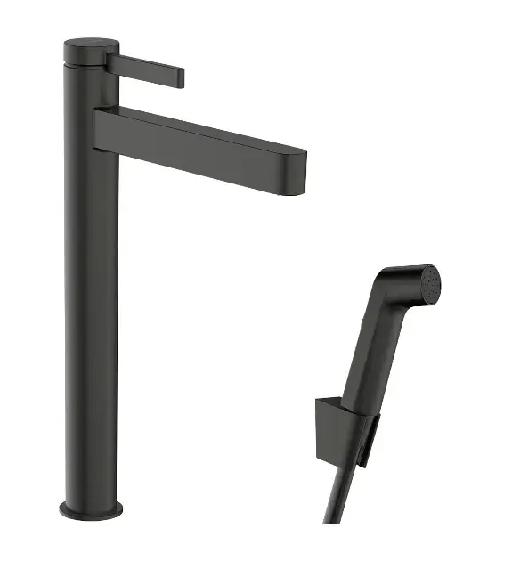 Hansgrohe Finoris – Mitigeur de lavabo avec bonde Push-Open et douchette de bidet, EcoSmart, chrome noir brossé 76220340