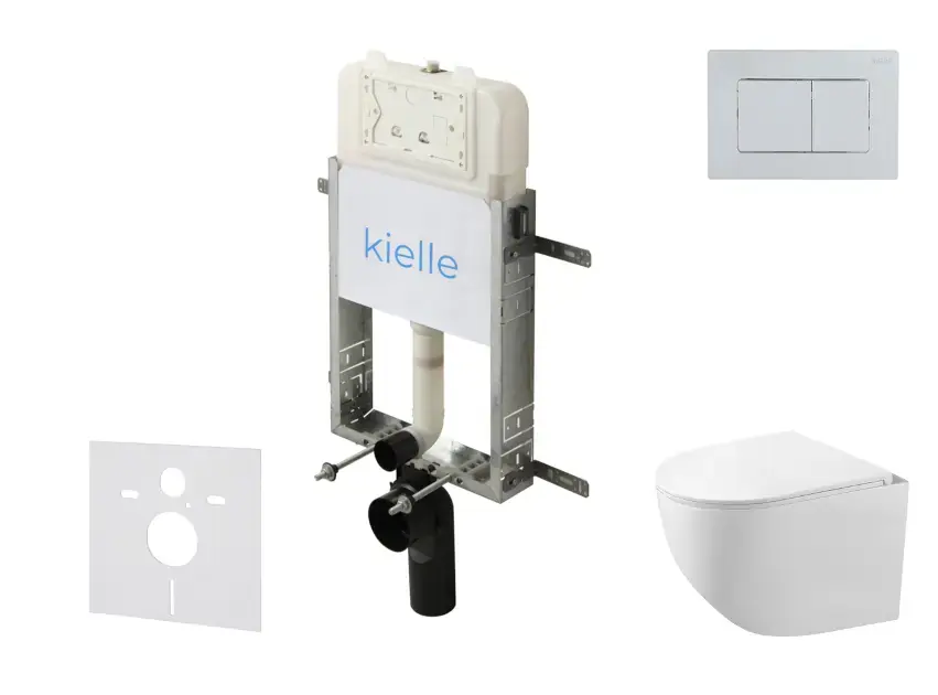 kielle Genesis New - Set bâti support, WC compact Gaia, sans rebord, abattant softclose et bouton-poussoir Gemini New III, chrome brillant 30528SZ89